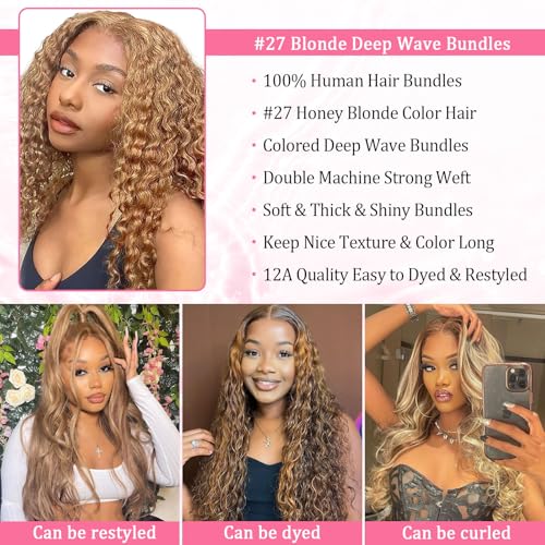 Honey Blonde Deep Wave Human Hair Bundles For Women 28 Inch 27# Color Human Hair Bundles Wet and Wavy 12A Blonde Deep Curly Hair One Bundle