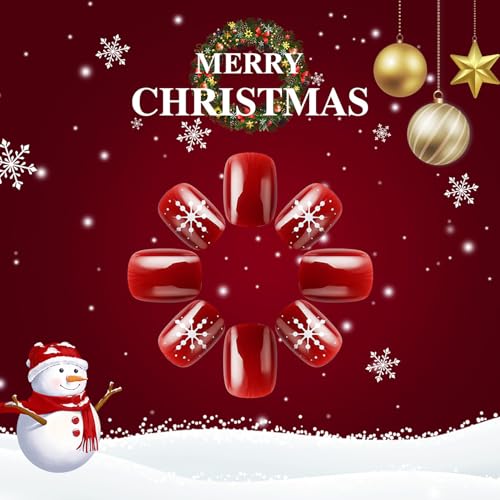 24Pcs Christmas Red Press on Nails - Short Square Snowflake False Nails With Red White Stripe Design - Full Cover Coffin Winter Glossy Glue on Nails for Women