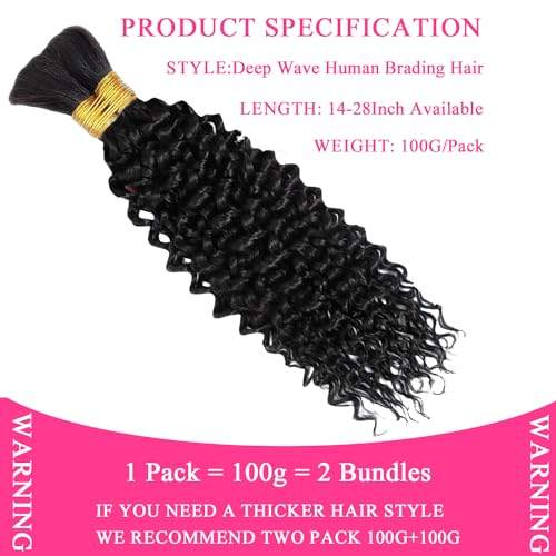 Human Braiding Hair 2 Bundles 100g 28Inch Deep Wave Bulk Human Hair for Braiding No Weft Curly Braiding Hair Bulk Curly Human Hair for Boho Braids 12A Brazilian Virgin Hair Extensions Natural Color