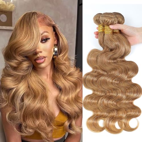 27# Honey Blonde Body Wave Bundles 100% Real Human Hair Bundles 12 14 16 Inch For Quick Weave Double Weft Can Be Dyed and Restyled