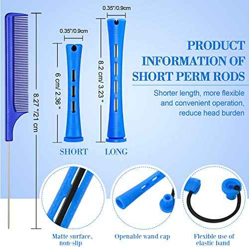 48 Pieces Hair Perm Rods Short Cold Wave Rods Plastic Perming Irons Hair Curling Rollers Curlers with Steel Pintail Comb Rat Tail Comb for Hairdressing Styling Supplies(0.35 Inch,Blue and Dark Blue)