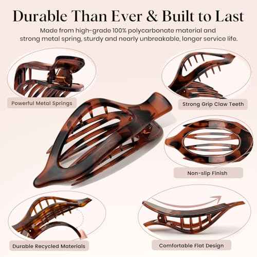 4 PCS Large Flat Hair Clips for Women Girls, French Concord Lay Down Claw Clips for Thick Thin Hair, Comfortable Curved Flat Clip, Leopard Print Stylish Strong Hold Hair Accessories, Tortoise