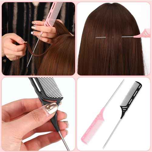 12 Pcs Weaving Winding Combs 9 Inch Foiling Combs Rat Tail Comb with Steel Pin Heat Resistant Teasing Parting Combs for Professional Hair Stylists Braids Highlighting Winding Hair