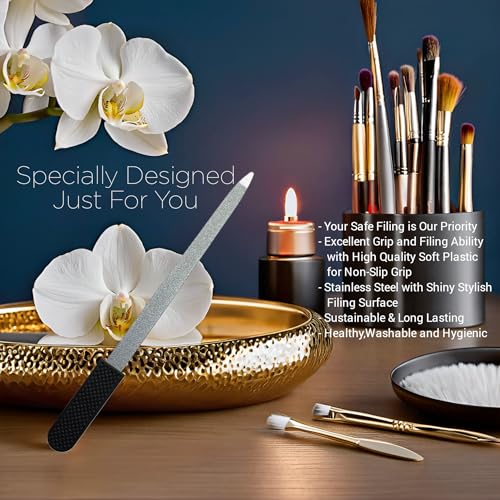 Professional Sapphire Black Nail File ? 6.7" Stainless Steel, Double-Sided Metal File, Ergonomic Non-Slip Handle, for Natural, Gel, Acrylic Nails, Manicure & Pedicure Tool