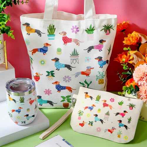3 Pcs Christmas Dachshund Gifts for Women 12 oz Dachshunds Coffee Mug, Weiner Dog Tote Bag and Reusable Aesthetic Makeup Bag Gift for Dog Lover Party Favor Birthday Thanksgiving