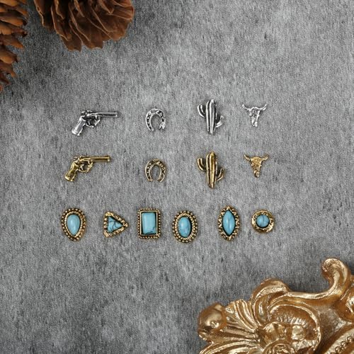 50 PCS Turquoise Nail Charms - 3D Western Nail Charms Vintage Turquoise Gems Stones Art, Retro Metal Gold Silver Cowboy Cowgirl Western Art Stickers Accessories Women DIY