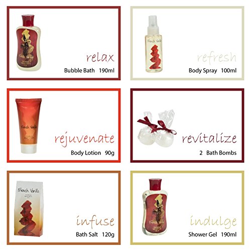 French Vanilla Bath Set Essential Bath and Body Basket: 2 Vanilla Bath Bombs, Body Lotion, Body Spray, Bath Salts, etc in a Wooden Jewelry Box