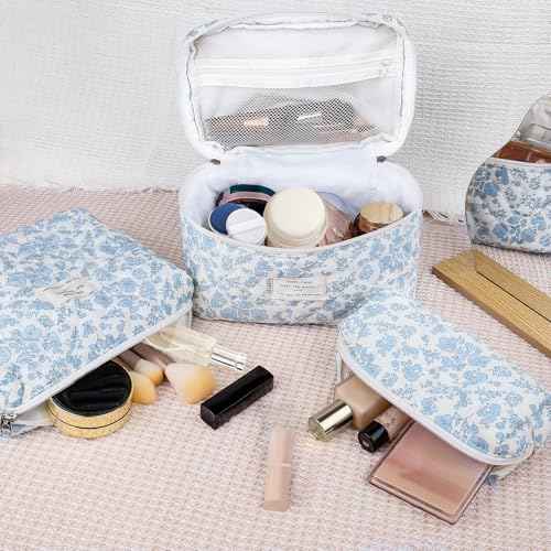Makeup Bag, Large Quilted Cosmetic Bag, Big Floral Make Up Bag for Women Girls, Cute Cotton Makeup Bag Set, Flower Travel Toiletry Organizer Bag (Blue Flower)