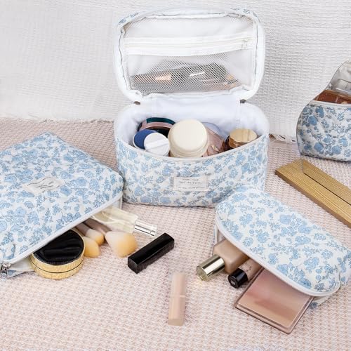 Makeup Bag Set, Quilted Makeup Bag, Large Floral Cosmetic Bag for Women, Cute Cotton Makeup Bags, Flower Travel Toiletry Organizer Bag (Black Rose Flower)