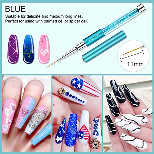 Saviland 6pcs Nail Art Liner Brushes Set: Nail Gel Polish Painting Nail Art Design Brush Pen Set with Crushed Diamond Rhinestones Handle for Pulling Lines, Sizes 7/9/11/13/17/23 mm, Christmas Gifts