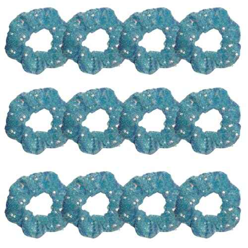 12 Pcs Bling Mermaid Sequins Dance Scrunchies Cheer Scales Hair Scrunchies For Thick Hair School Performance Scrunchy Sports Ponytail Holder Wrist for Girls Cosplay Show (Blue)