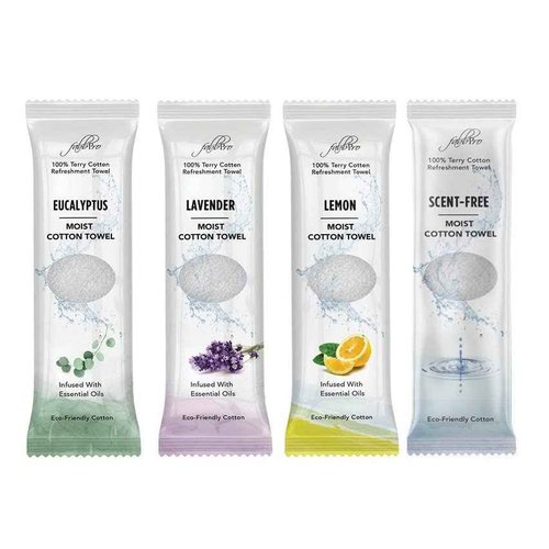 FabbPro Oshibori Moist Terry Cotton Refreshment Towels (100 Pack,8x8 Inches)-White Scented Pre-moistened Essential Oil Infused Towel to Use Hot or Cold – Unscented, Lavender, Lemon & Eucalyptus Scents