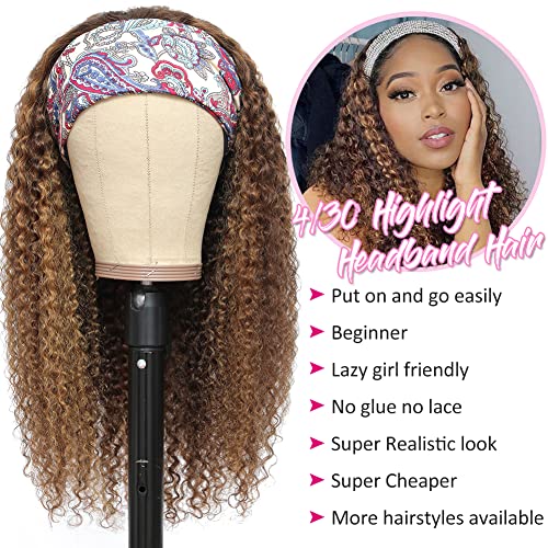 Eooma #4/30 Omber Headband Wig Curly Human Hair Wigs for Black Women 10A 180% Density Brazilian Kinky Curly Human Hair Headband Wigs Scarf No Gel Gluelees 22 Inch Remy Hair