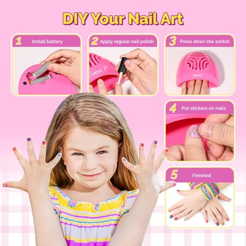 AIRSEE Kids Nail Dryer, Portable Nail Dryer, Mini Nail Fan for Regular Nail Polish - Birthday, Christmas, Party Gift for Grils, Battery Operated, DIY nail art, No Harmful, Two stickers included (Pink)
