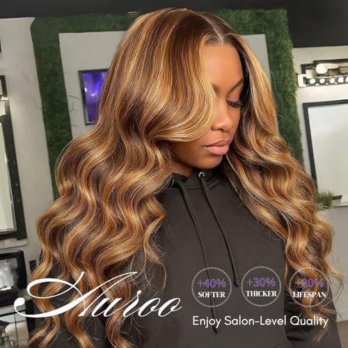 Honey Blonde Highlight Body Wave 13x4 Frontal Human Hair 20 In, 100% 12A Brazilian Virgin Ombre Brown Transparent Lace Frontal Closure Pre Plucked with Baby Hair P4/27 Balayage Wavy Hair Remy