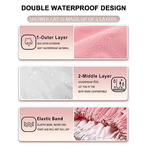 YIZIJIZI Shower Cap,Shower Caps for Women Reusable Waterproof,Two Layer Large Shower Caps Reusable Suitable for All Types of Straight Hair, Curly Hair, Long Hair,Braids (pink)