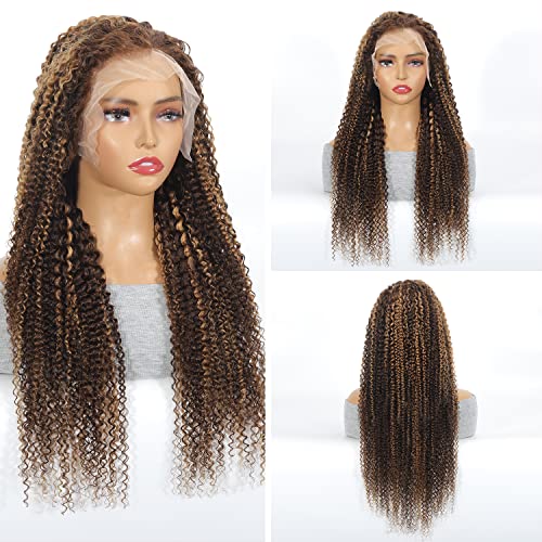 Juvid 200% Density 13x6 Highlight HD Lace Front Wig Human Hair Curly Human Hair Honey Blonde 4/27 Ombre Lace Frontal Pre Plucked Baby Hair 100% Virgin Hair Wigs for Black Women Deep Curl 18inch