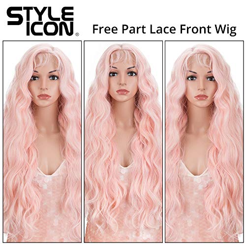 Style Icon Easy-360 Lace Wigs 30" Free Part Lace Frontal Wigs Long Water Wave Wig Pink Synthetic Wig (30 Inches, PINK9)