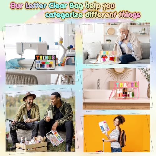 Abbylike 6 Pcs Chenille Letter Clear Zipper Pouch Summer Waterproof Cosmetic Pouch Travel Gym Beach Hawaii Bag Travel Patch Purse Makeup Letter Bag for Women Girls, 6 Colors(Charming Colors,Stylish)