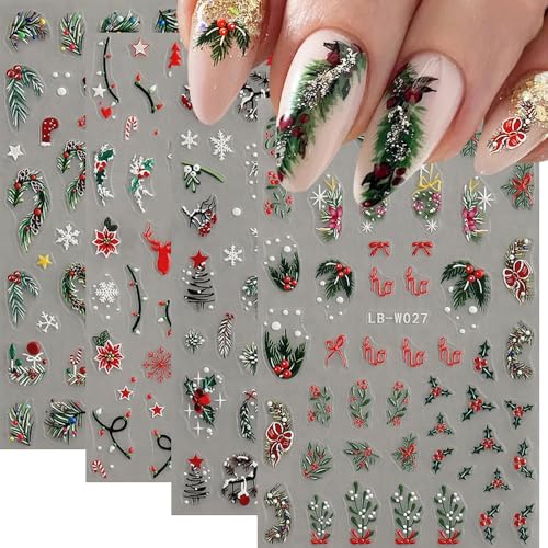 Christmas Nail Art Stickers, 5D Embossed Holly Leaf Nail Decals Green Red Winter Leaf Reindeer Snowflake Design Holiday Nail Art Supplies for Women Girls(4Sheets)