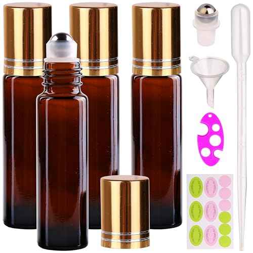 inice 4 Pack Essential Oil Roller Bottles 10ml Amber Glass RollerBall Bottle with Stainless Steel Roller Ball Alloy Cap for Daily Care