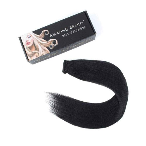ABH AMAZINGBEAUTY HAIR Ponytail Hair Extensions for Women Remy Human Hair Jet Black Color #1 Wrap in Easy to Use 80 Gram 16 Inch
