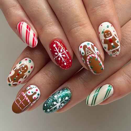 24 Pcs Christmas Press on Nails Almond Medium Fake Nails with Cute Cartoon Snowflake Design Cute Almond False Nails Christmas Glue on Nail Artificial Full Cover Stick on Nails for Women Girls