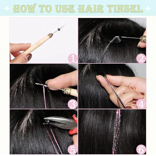 Hair Tinsel, Hair Tinsel Kit for Girls 1800 Strands Fairy Tinsel Hair Extensions Holographic Hair Tinsel Heat Resistant Colored Hair Glitter Christmas Party Festival (N/Pink)