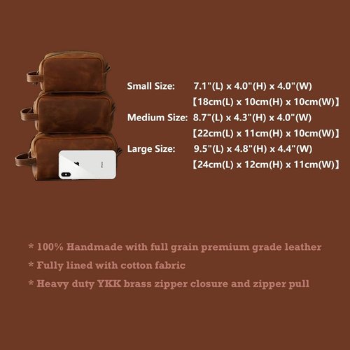 Toiletry Bag for Men or Women, Full Grain Leather Handcrafted Dopp Kit, Vintage Travel Leather Toiletry Travel Pouch, Large Cosmetic Bathroom Travel Shaving Bag, Fully Lined with Cotton Fabric
