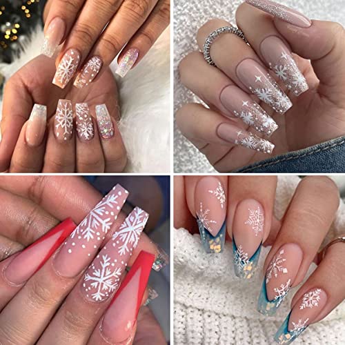 8 Sheets 3D Snowflake Nail Art Stickers Christmas Nail Decals Self-Adhesive White Glitter Snowflake Nail Stickers Reindeer Snowflakes Nail Design Winter Xmas Nail Decoration for Women Girls