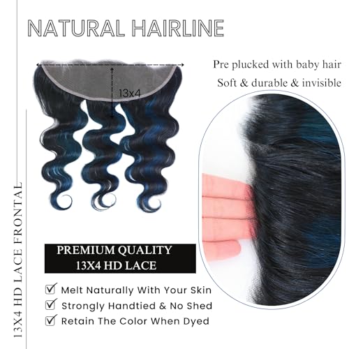 ALHER #1B/BlueBody Wave 13x4 Lace Frontal Human Hair, Black Mix Blue HD Transparent Lace Frontal Closure Ear to Ear 100% Virgin Remy Human Hair for Black Women 150% Density 18 Inch