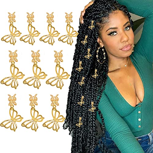 NAISKA Butterfly Dreadlock Accessories [10Pcs], Gold Hair Braid Charms, Cuffs Clips Rings, Women and Teen Girls Gifts