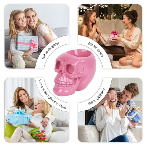 Skull Makeup Brush Holder, Skull Pen Holder, Gothic Skulls & Bones Organizer Bathroom Skeleton for Vanity Decor, Office Organizer, Planter (Pink)