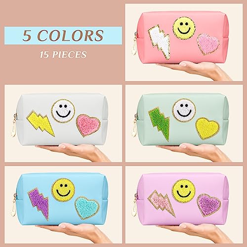 Silkfly 15 Pcs Preppy Patch Makeup Bag Bulk End of the Year Teacher Gifts Bulk Cosmetic Toiletry Bag Smile Lightning Heart PU Leather Portable Waterproof Makeup Cosmetic Purse for Women(Colorful)