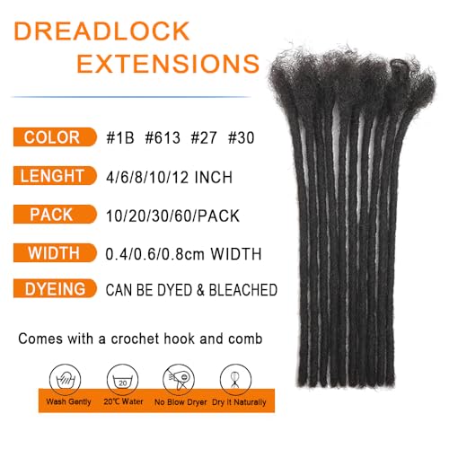 Dreadlock Extensions 0.4cm Thickness 10 Inch 60 Strands 100% Real Human Hair for Man/Women/Kids Full Handmade Permanent Loc Extensions Bundles Can Be Dyed Bleached Curled and Twisted (Soft Locs)