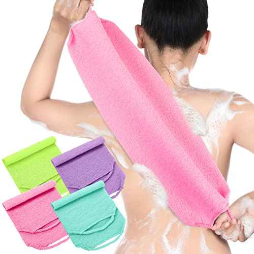 Moukeren Exfoliating Back Scrubber with Handles 4 Pack Nylon Back Exfoliator Extended Length Washers Scrubbers Stretchable Pull Strap Exfoliating Washcloth(Pink,Blue,Fluorescent Green,Purple)