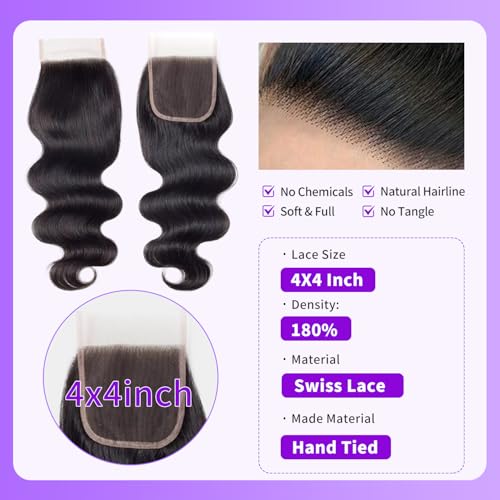 4X4 Body Wave HD Transparent Lace Closure 12 Inch Wet and Wavy 12A Brazilian Virgin Human Hair Lace Closure Natural Black