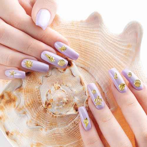 Ocean Theme Nail Art Charms, Sea Beach Starfish Seashell Nail Charm Decals, 3D Alloy Nail Gems Decoration Stickers for Manicure DIY Embellishments 12 Style- Gold