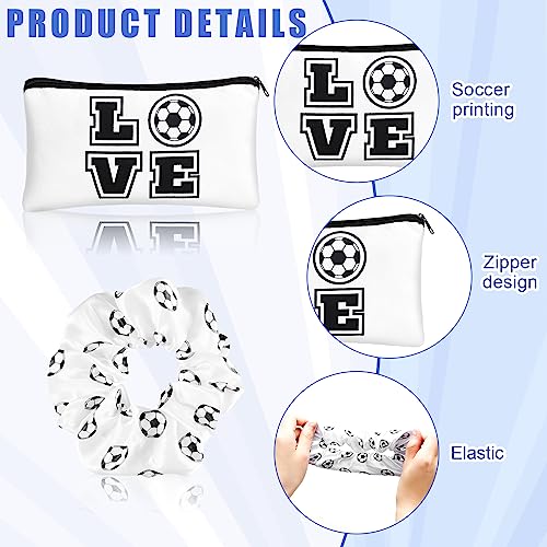 Sweetude 24 Pcs Soccer Gifts 12 Makeup Bag 12 Satin Scrunchies for Girls Portable Cosmetic Travel Bag Elastic Hair Ties Soccer Favors for Women Girls Team Players(White)