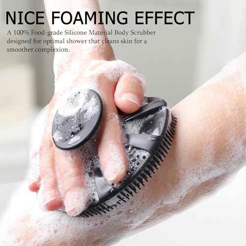 INNERNEED Food-Grade Soft Silicone Body Scrubber Shower Brush Handheld Cleansing Skin Brush, Gentle Exfoliating and Lather Well (Black)