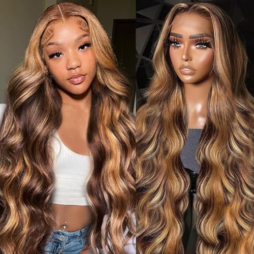 13x6 Honey Blonde Highlight Wig Human Hair Ombre Lace Front Wig P4/27 Body Wave Highlight Lace Front Wig Glueless Pre Plucked Bleached Knots Hd Lace Frontal Wigs Colored 26 Inch 180% Density