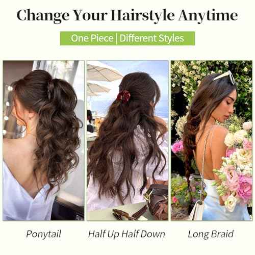 KooKaStyle Invisible Wire Hair Extensions with Transparent Wire Adjustable Size 4 Secure Clips Long Wavy Secret Synthetic Hairpiece 20 Inch 120g Rich Dark Brown with Warm Tones for Women