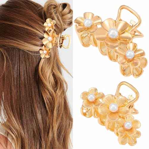 BARTOSI Small Claw Clips Gold Metal Hair Clips Cute Fancy Hair Claw Clip Flower Hair Accessories for Women and Girls (Pack of 2)