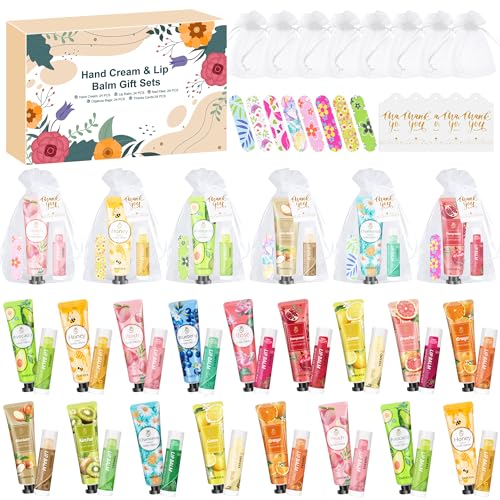 24 Sets Bulk Gifts For Women, Hand Cream Lotion, Lip Balm, Mini Nail Files Gifts Set with Organza Bags, Thank You Card, Baby Shower Bridal Wedding Favor for Guests, Christmas Gifts for Women