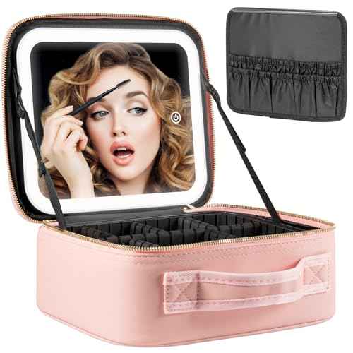 Makeup Travel Train Case with Mirror LED Light 3 Adjustable Brightness Large Cosmetic Bag Portable Storage Adjustable Partition Waterproof Makeup Brushes Make up Jewelry Gift for Women