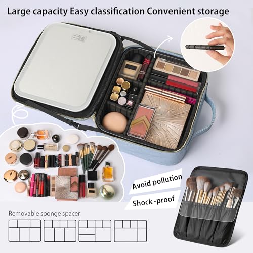 Portable Travel Makeup Bag with Mirror and Light - 3 Colors,Adjustable Brightness Spacious Cosmetic Organizer,Mermaid Shine Blue