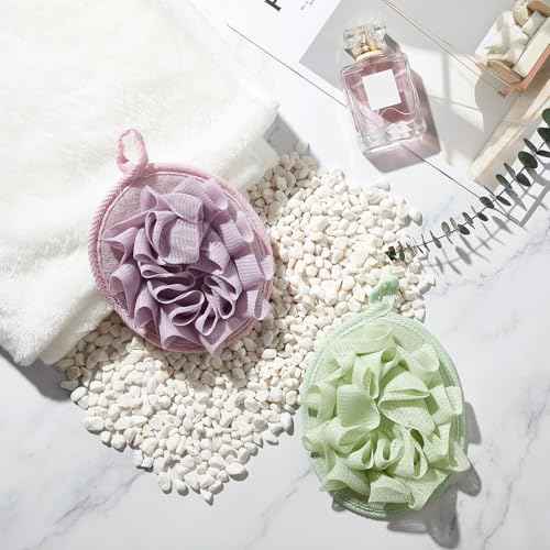 Boao 3 Pcs Bath Shower Pouf Sponge Mesh Pouf Shower Ball Exfoliating Body Sponge Pad Scrubber Glove with Flower Bath Ball (Beige,Green,Purple)