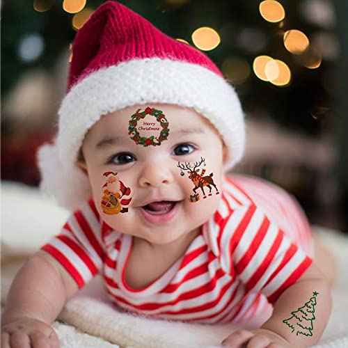 Christmas Temporary Tattoos for Kids - 6 large Sheets Christmas Holiday Fake Tattoos for Girls Boys Xmas Party Gifts Crafts Decoration