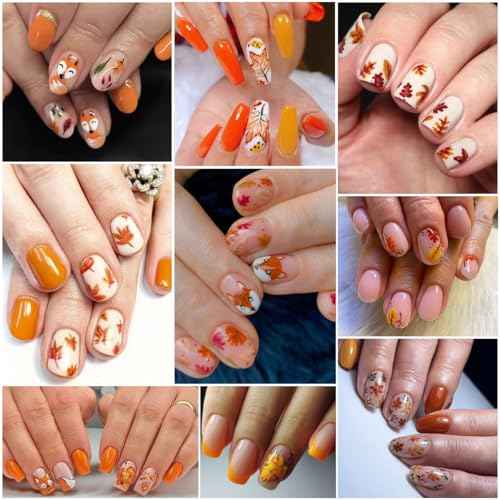 Fall Nail Art Stickers 3D Thanksgiving Leaf Nail Decals Nail Art Supplies Self-Adhesive Gold Maple Leaves Pumpkin Little Fox Nail Designs DIY Salon Accessories Autumn Winter Manicure for Women