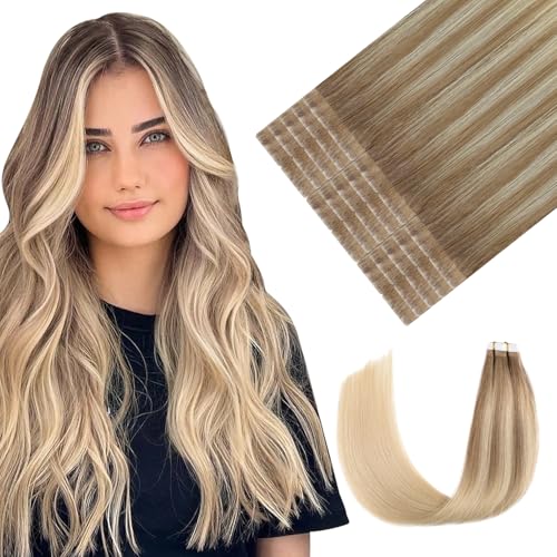 Youngsmile Invisible Tape in Hair Extensions Human Hair #8T60 Ash Brown to Platinum Blonde Balayage Injection Tape in Hair Extensions 20pcs 35g 16 Inch (#8T60,16'')